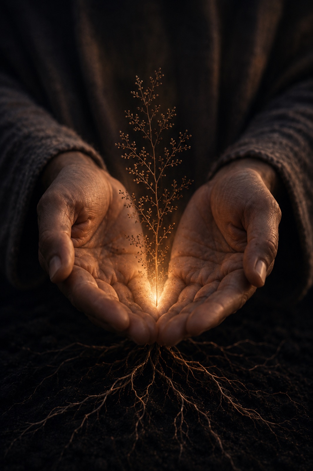 Hands holding a glowing plant with roots